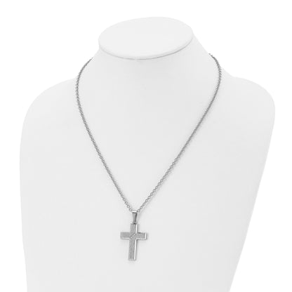 Stainless Steel Chisel Polished And Textured With Cz Cross Pendant On A 20 Inch Cable Chain Necklace