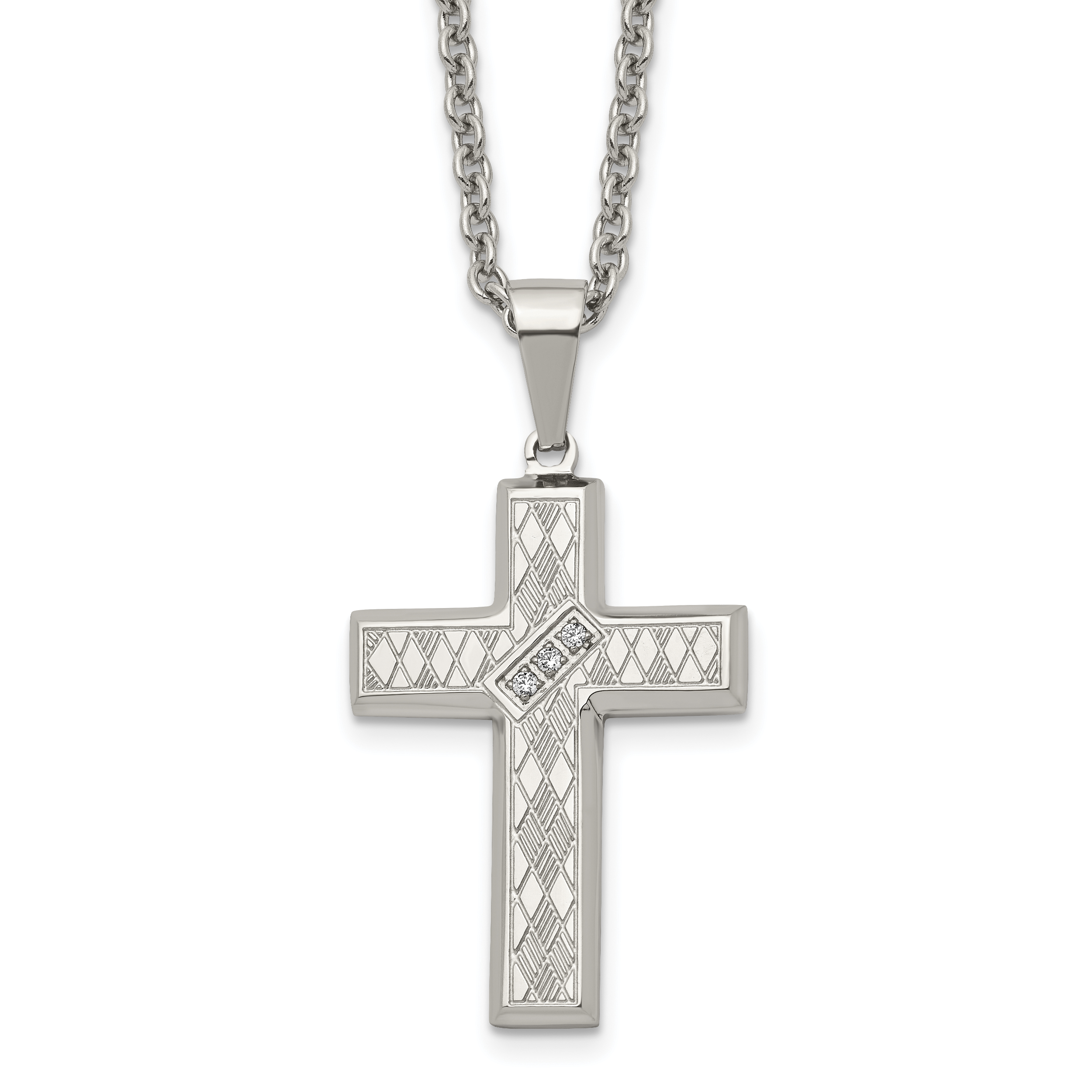 Stainless Steel Chisel Polished And Textured With Cz Cross Pendant On A 20 Inch Cable Chain Necklace