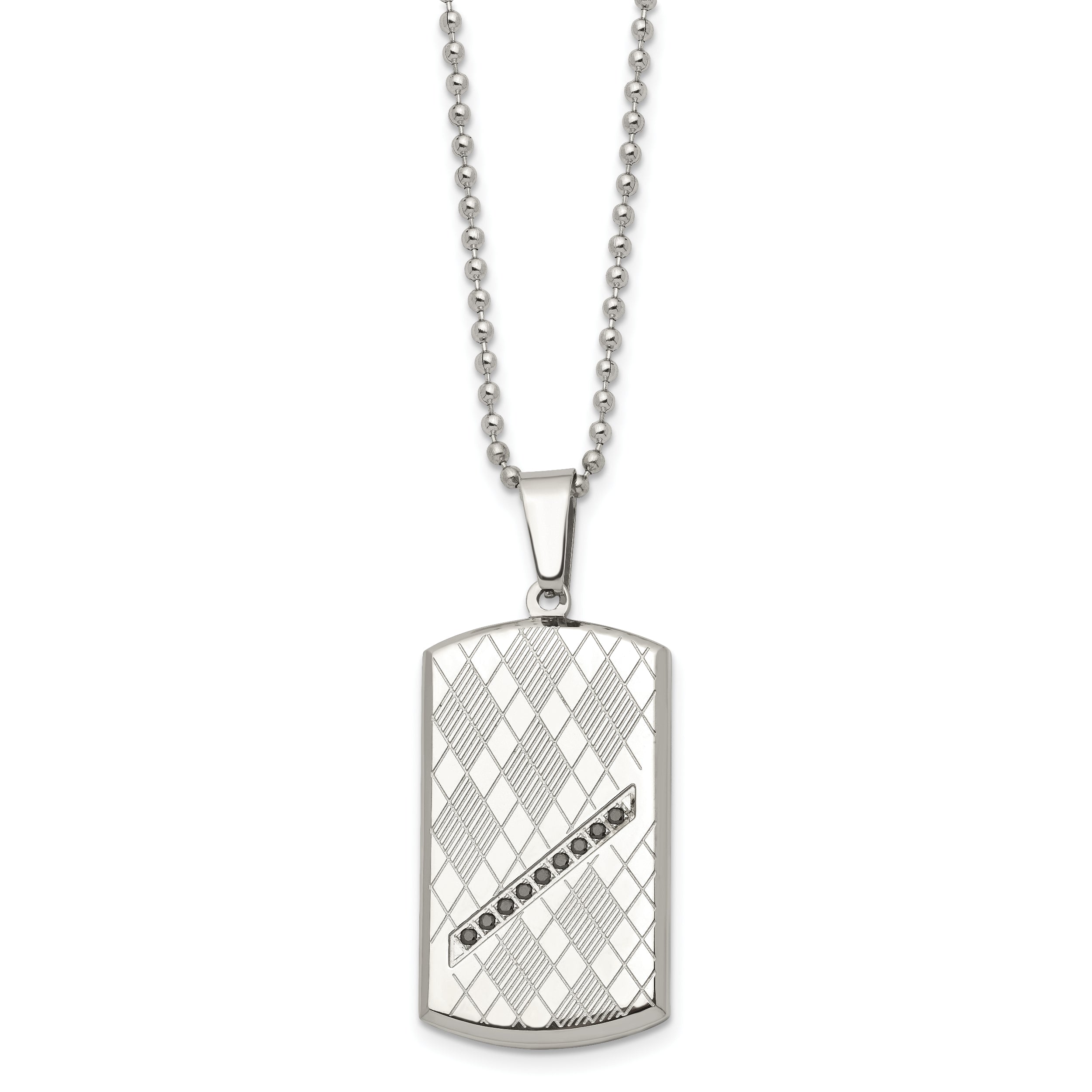 Stainless Steel 22In Polished & Textured W/Black Cz Dog Tag Necklace