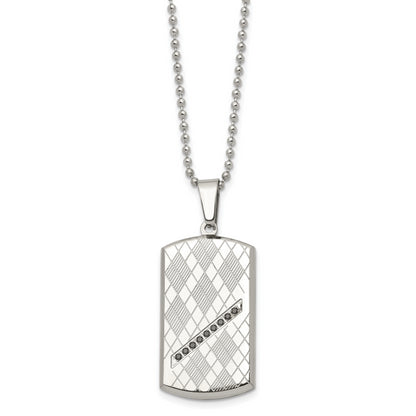 Stainless Steel 22In Polished & Textured W/Black Cz Dog Tag Necklace