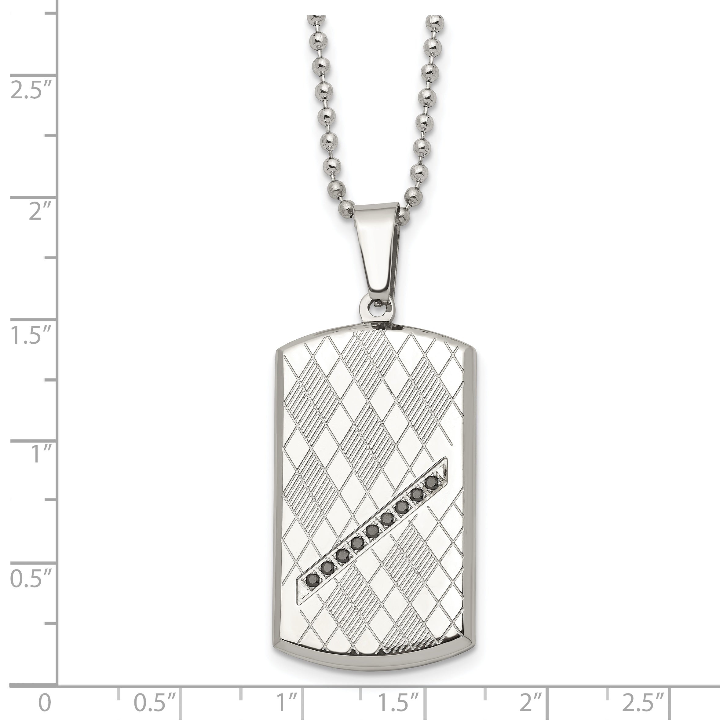 Stainless Steel 22In Polished & Textured W/Black Cz Dog Tag Necklace