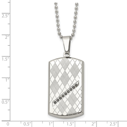 Stainless Steel 22In Polished & Textured W/Black Cz Dog Tag Necklace