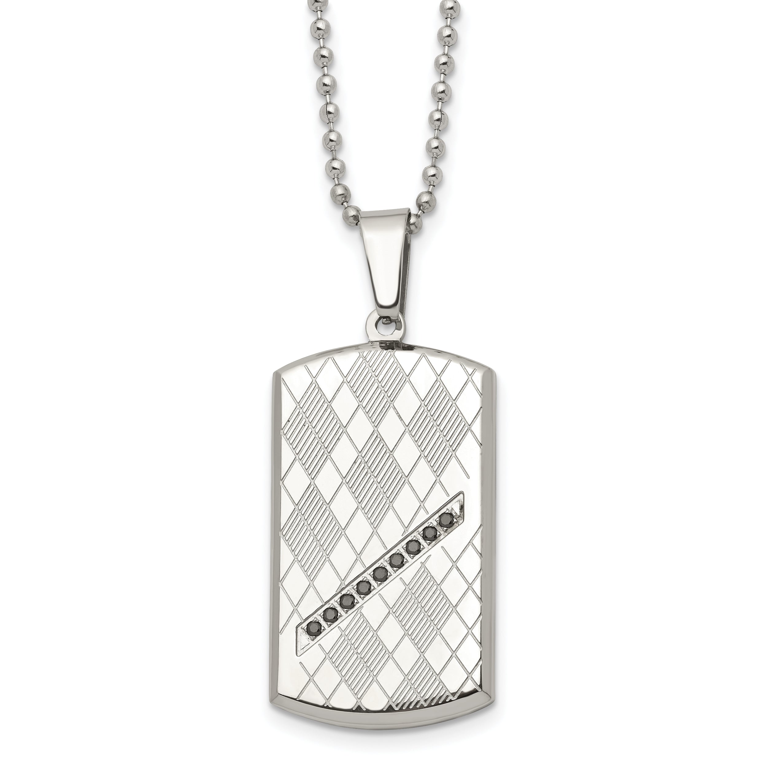 Stainless Steel 22In Polished & Textured W/Black Cz Dog Tag Necklace