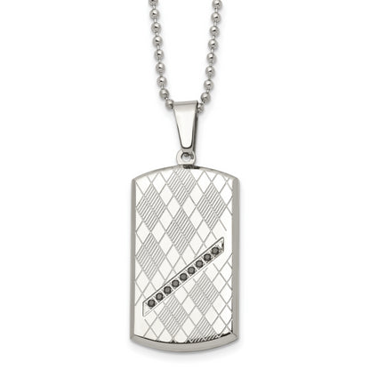 Stainless Steel 22In Polished & Textured W/Black Cz Dog Tag Necklace