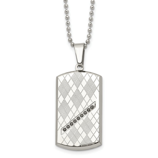 Stainless Steel 22In Polished & Textured W/Black Cz Dog Tag Necklace