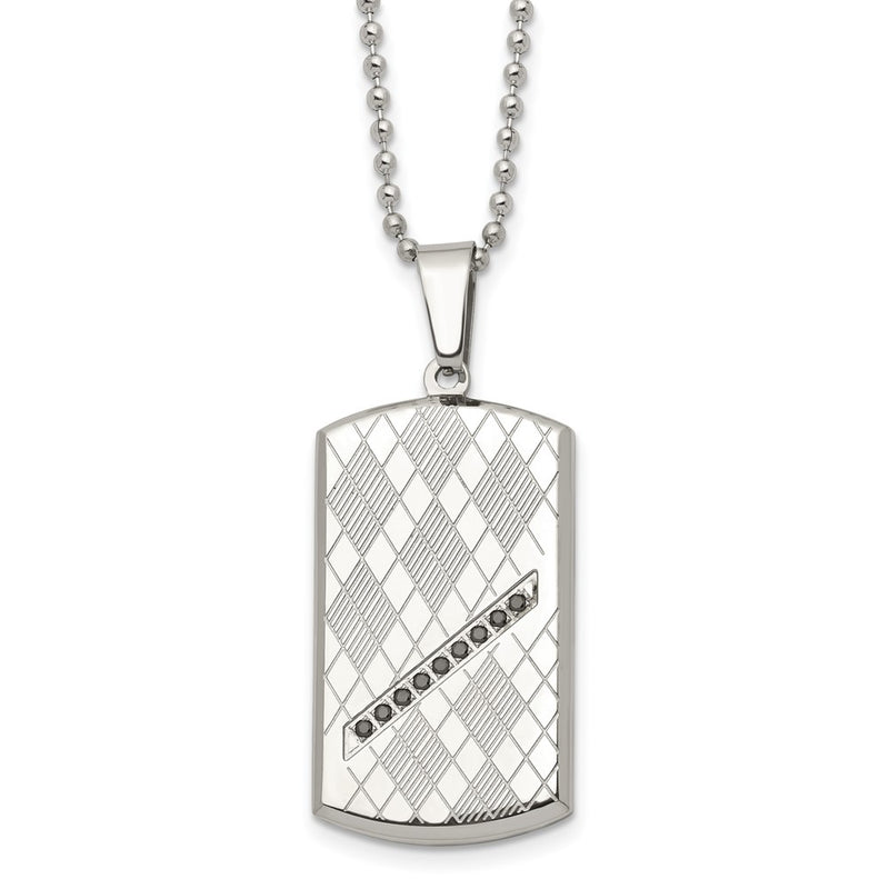 Stainless Steel 22In Polished & Textured W/Black Cz Dog Tag Necklace