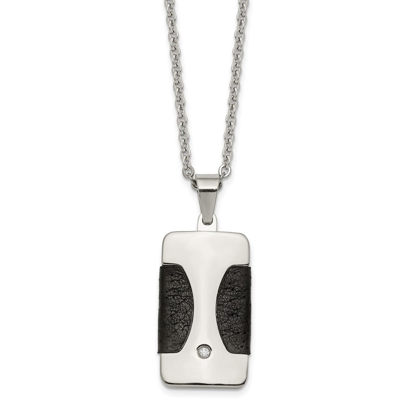 Stainless Steel Polished W/ Cz & Leather Reversible Inlay 22In Necklace