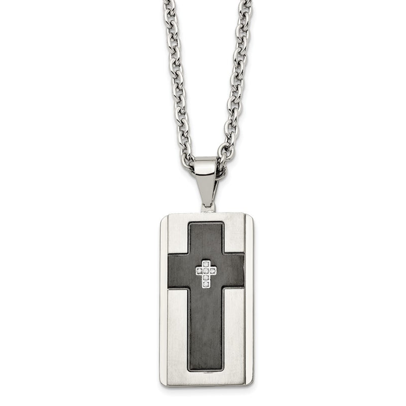 Stainless Steel Brushed & Polished Black Ip-Plated W/Cz Cross Necklace