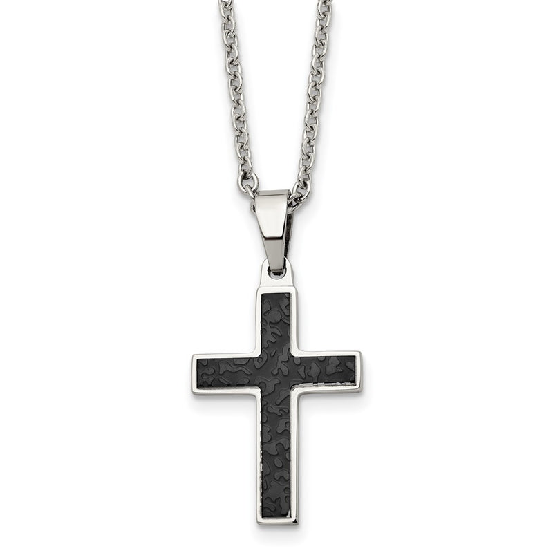 Stainless Steel Chisel Polished And Textured Black Ip-Plated Cross Pendant On A 24 Inch Cable Chain Necklace