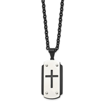 Stainless Steel Brushed And Polished Black Ip-Plated Cross 24In Necklace