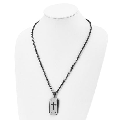 Stainless Steel Brushed And Polished Black Ip-Plated Cross 24In Necklace