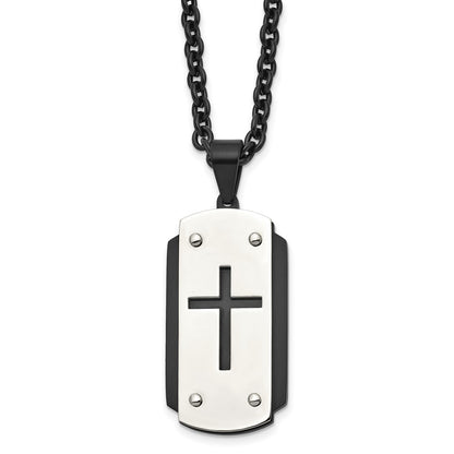 Stainless Steel Brushed And Polished Black Ip-Plated Cross 24In Necklace