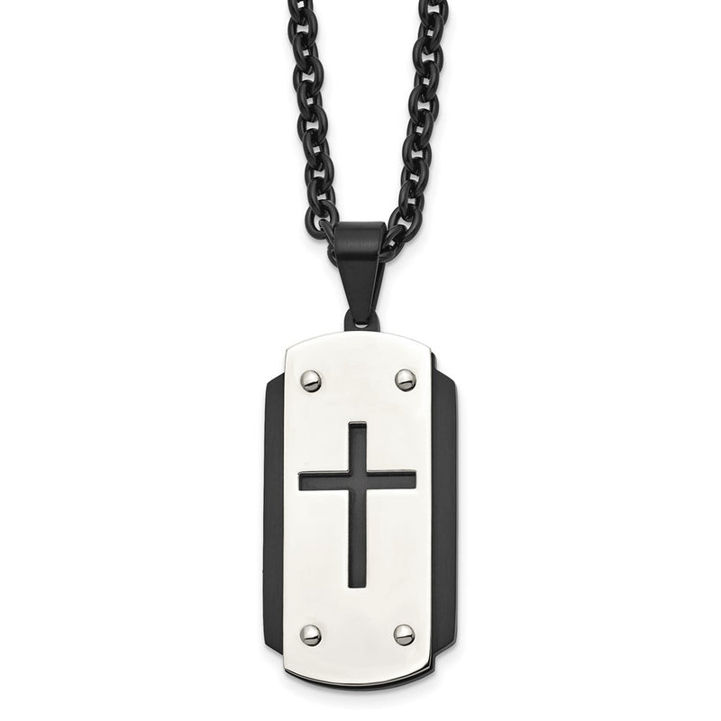 Stainless Steel Brushed And Polished Black Ip-Plated Cross 24In Necklace