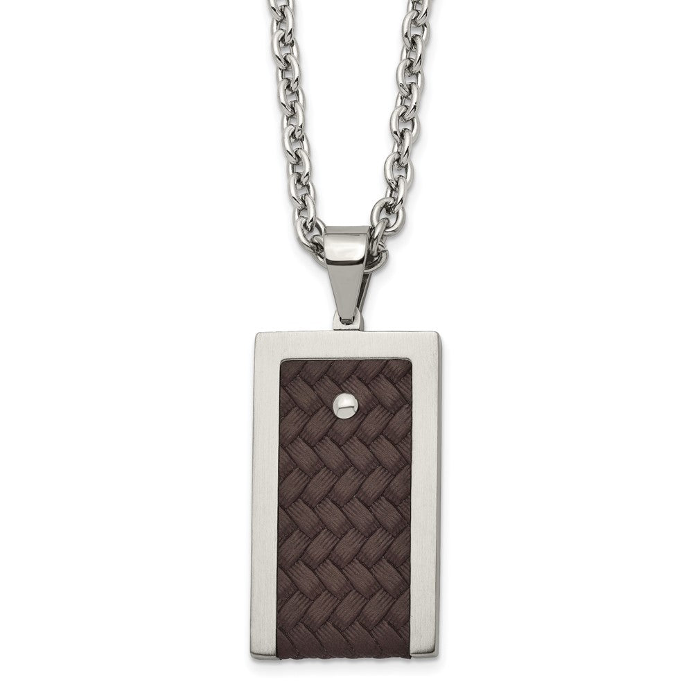 Stainless Steel Brushed & Polished Reversible W/Brown Leather Necklace