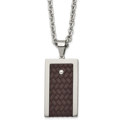 Stainless Steel Brushed & Polished Reversible W/Brown Leather Necklace