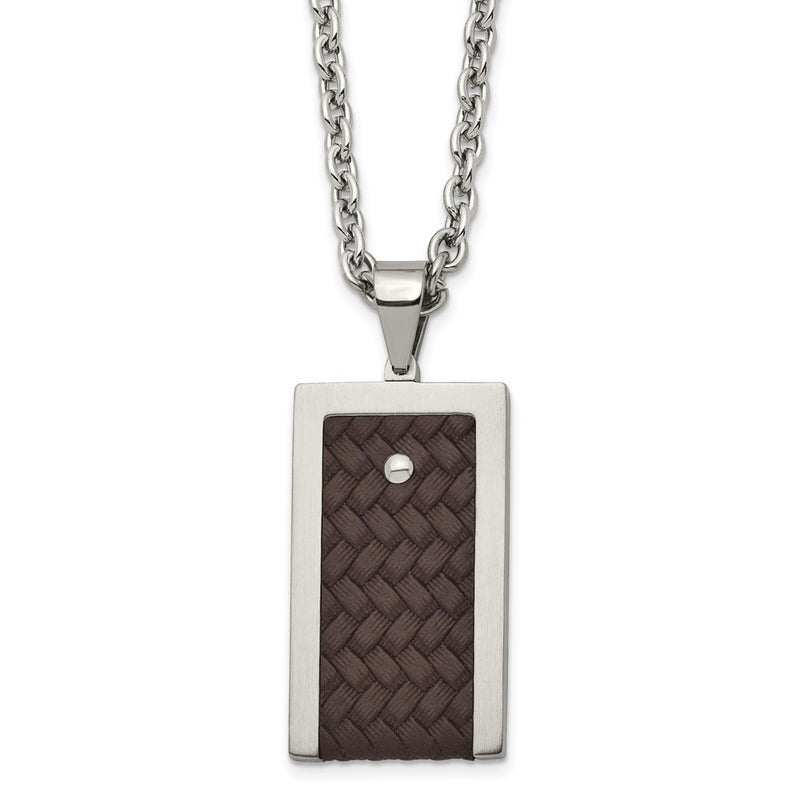 Stainless Steel Brushed & Polished Reversible W/Brown Leather Necklace