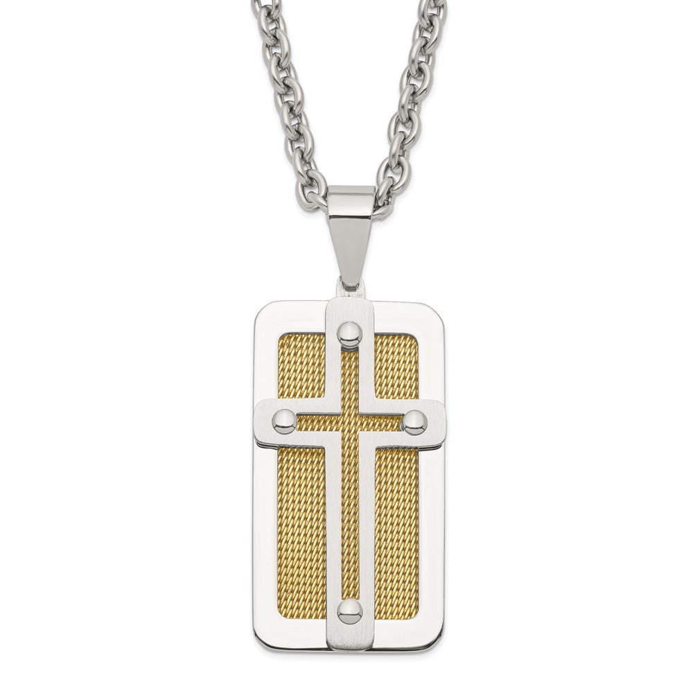 Stainless Steel Polished Yellow Ip-Plated Wire Inlay Cross Necklace