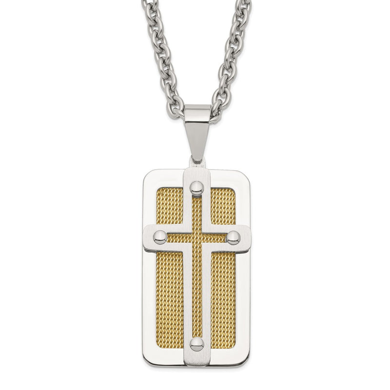 Stainless Steel Polished Yellow Ip-Plated Wire Inlay Cross Necklace
