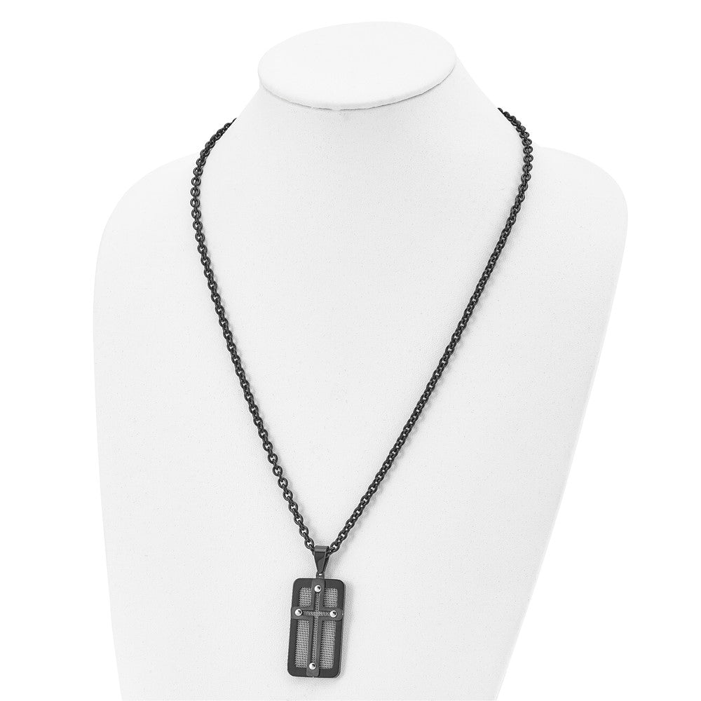 Stainless Steel Polished Black Ip-Plated W/ Wire Inlay Cross Necklace