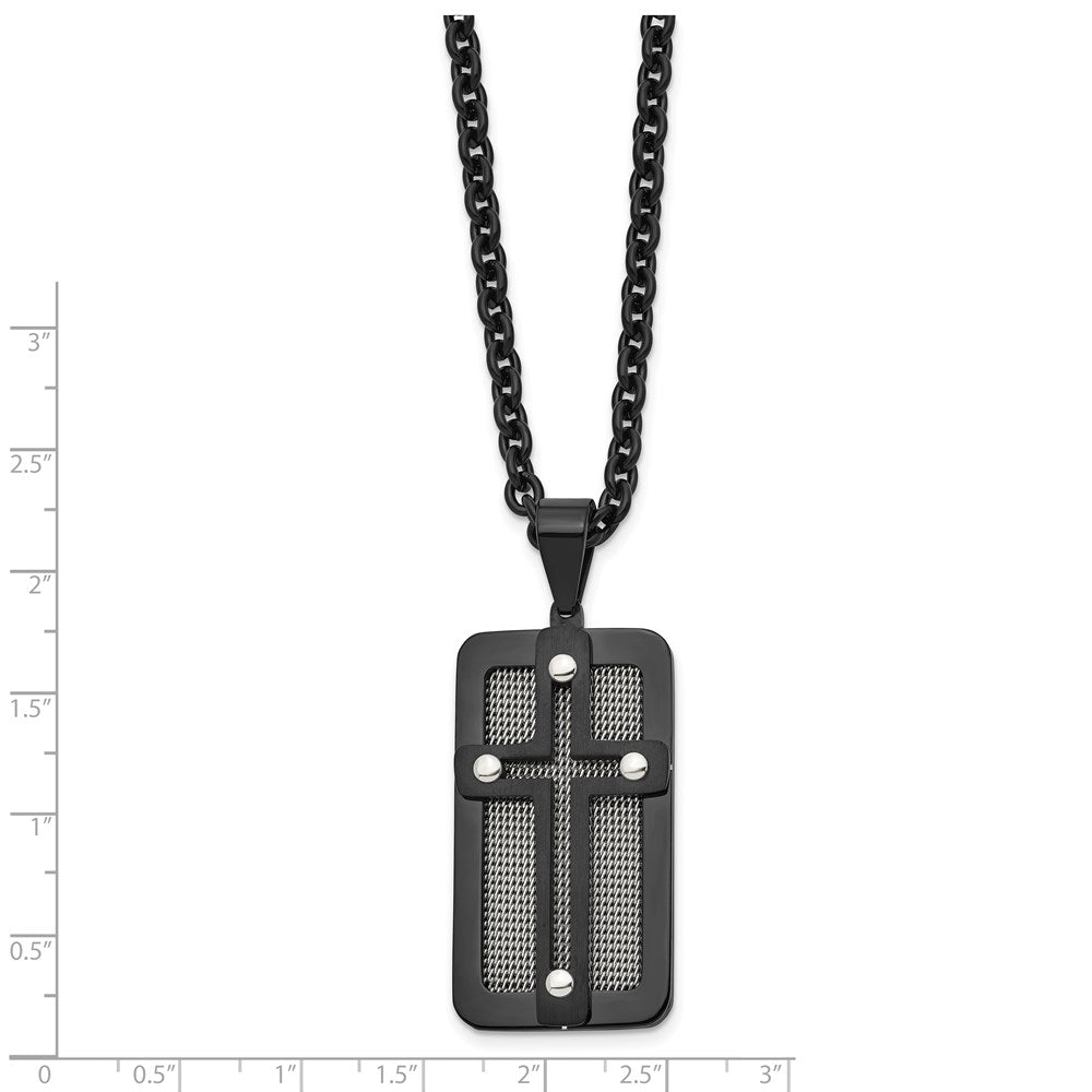 Stainless Steel Polished Black Ip-Plated W/ Wire Inlay Cross Necklace