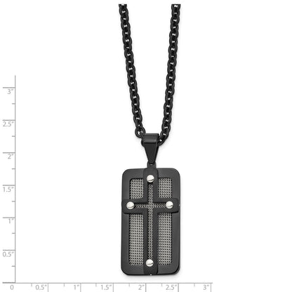 Stainless Steel Polished Black Ip-Plated W/ Wire Inlay Cross Necklace
