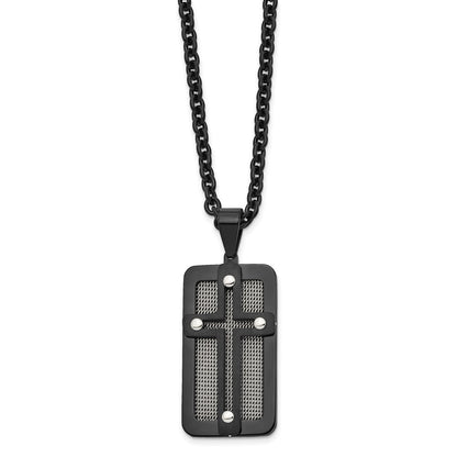 Stainless Steel Polished Black Ip-Plated W/ Wire Inlay Cross Necklace