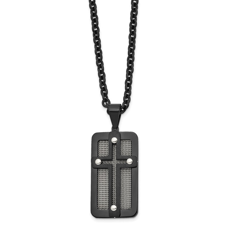 Stainless Steel Polished Black Ip-Plated W/ Wire Inlay Cross Necklace