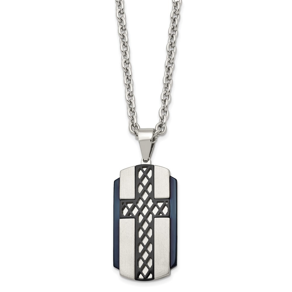 Stainless Steel Brushed And Polished Black Ip-Plated Cross 24In Necklace