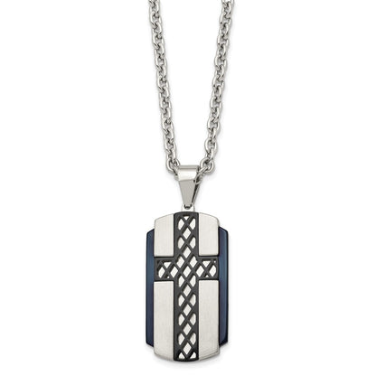 Stainless Steel Brushed And Polished Black Ip-Plated Cross 24In Necklace