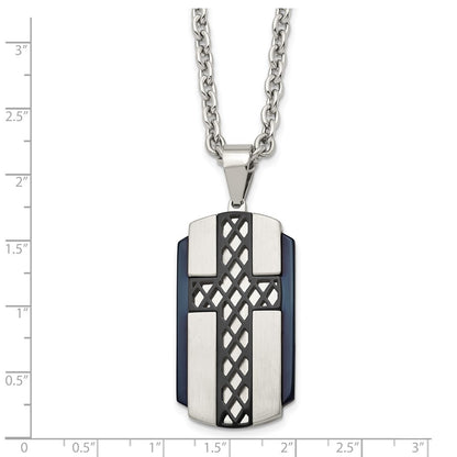 Stainless Steel Brushed And Polished Black Ip-Plated Cross 24In Necklace
