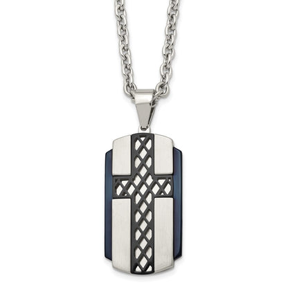 Stainless Steel Brushed And Polished Black Ip-Plated Cross 24In Necklace