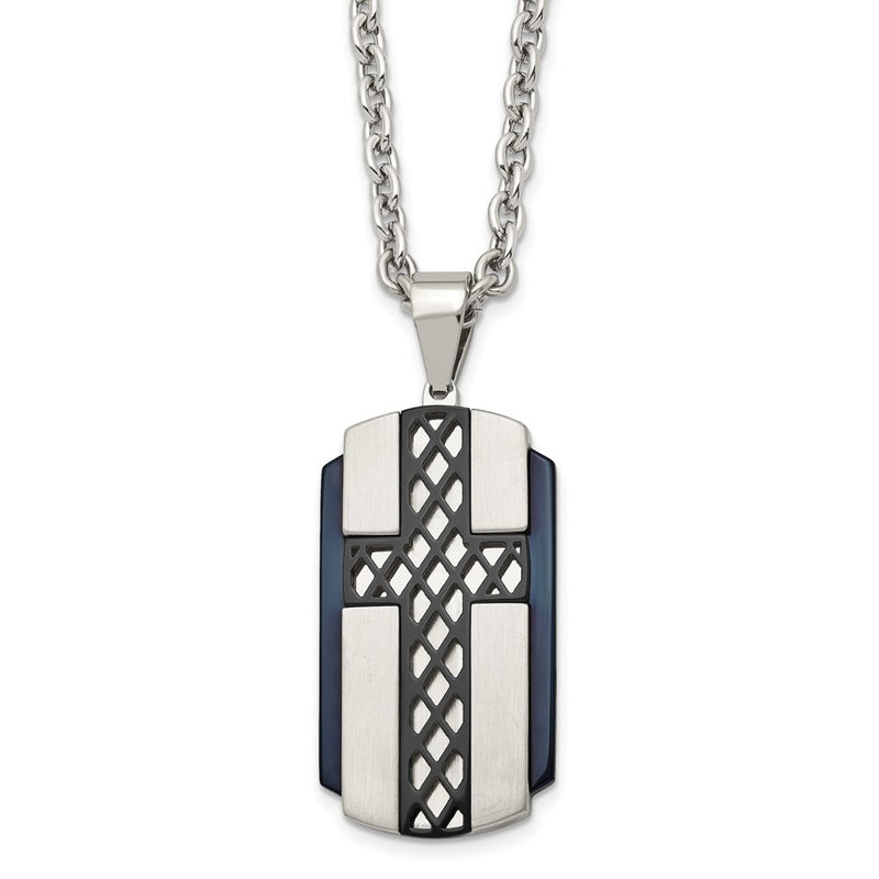 Stainless Steel Brushed And Polished Black Ip-Plated Cross 24In Necklace