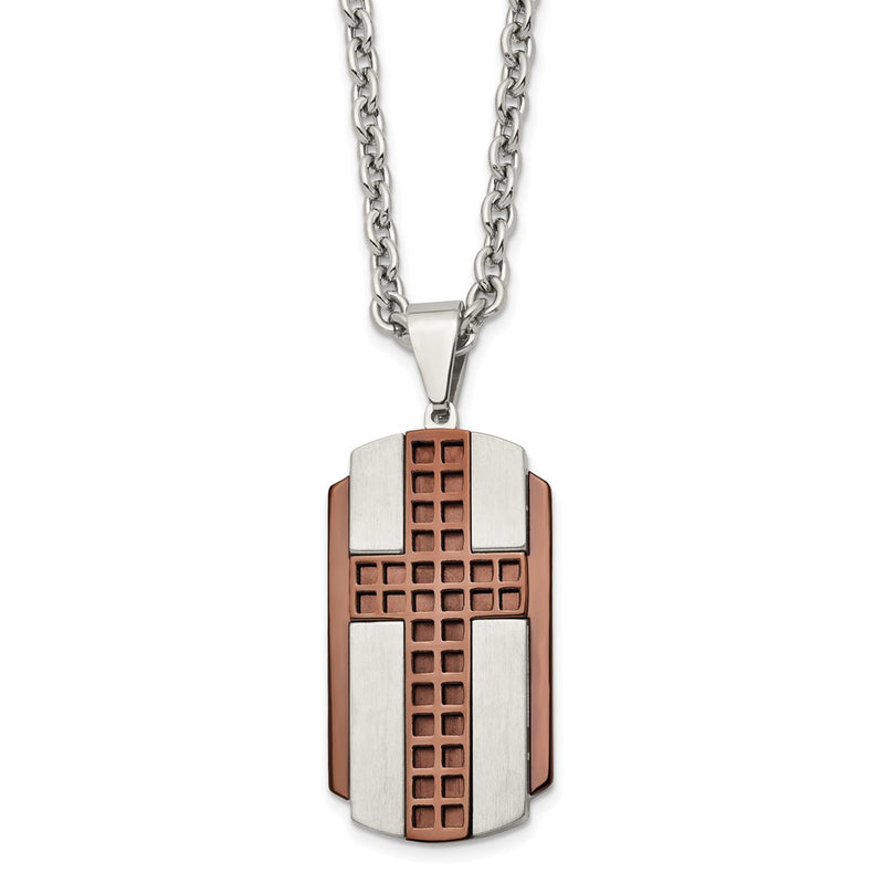 Stainless Steel Brushed & Polished Brown Ip-Plated Cross 24In Necklace