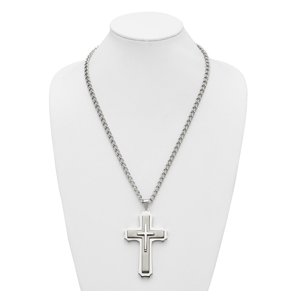 Stainless Steel Chisel Brushed And Polished Large Cross Pendant On A 24 Inch Curb Chain Necklace