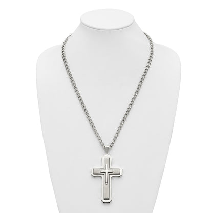 Stainless Steel Chisel Brushed And Polished Large Cross Pendant On A 24 Inch Curb Chain Necklace