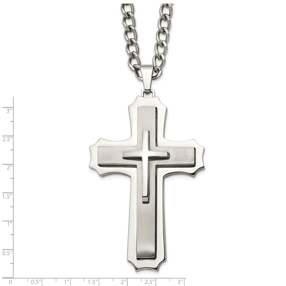 Stainless Steel Chisel Brushed And Polished Large Cross Pendant On A 24 Inch Curb Chain Necklace