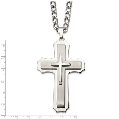 Stainless Steel Chisel Brushed And Polished Large Cross Pendant On A 24 Inch Curb Chain Necklace