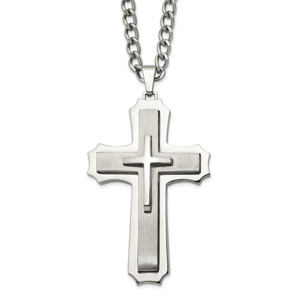 Stainless Steel Chisel Brushed And Polished Large Cross Pendant On A 24 Inch Curb Chain Necklace