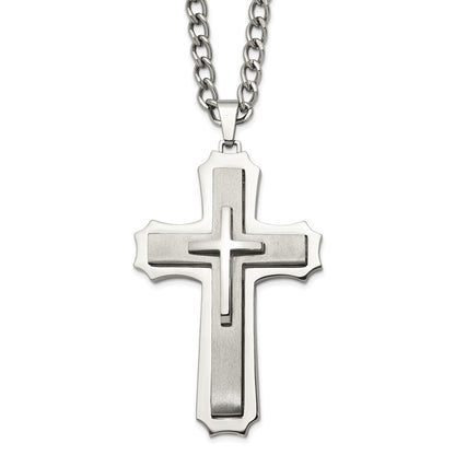 Stainless Steel Chisel Brushed And Polished Large Cross Pendant On A 24 Inch Curb Chain Necklace
