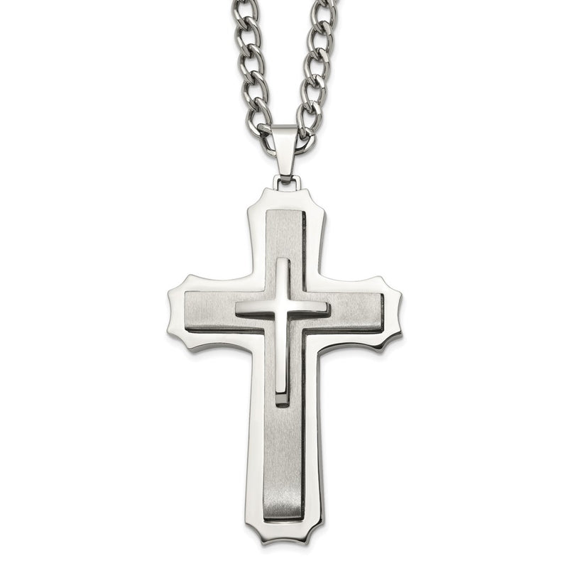 Stainless Steel Chisel Brushed And Polished Large Cross Pendant On A 24 Inch Curb Chain Necklace