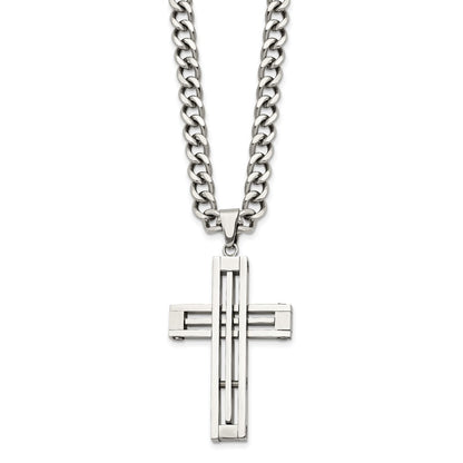 Stainless Steel Chisel Polished Cross Pendant On A 22 Inch Curb Chain Necklace