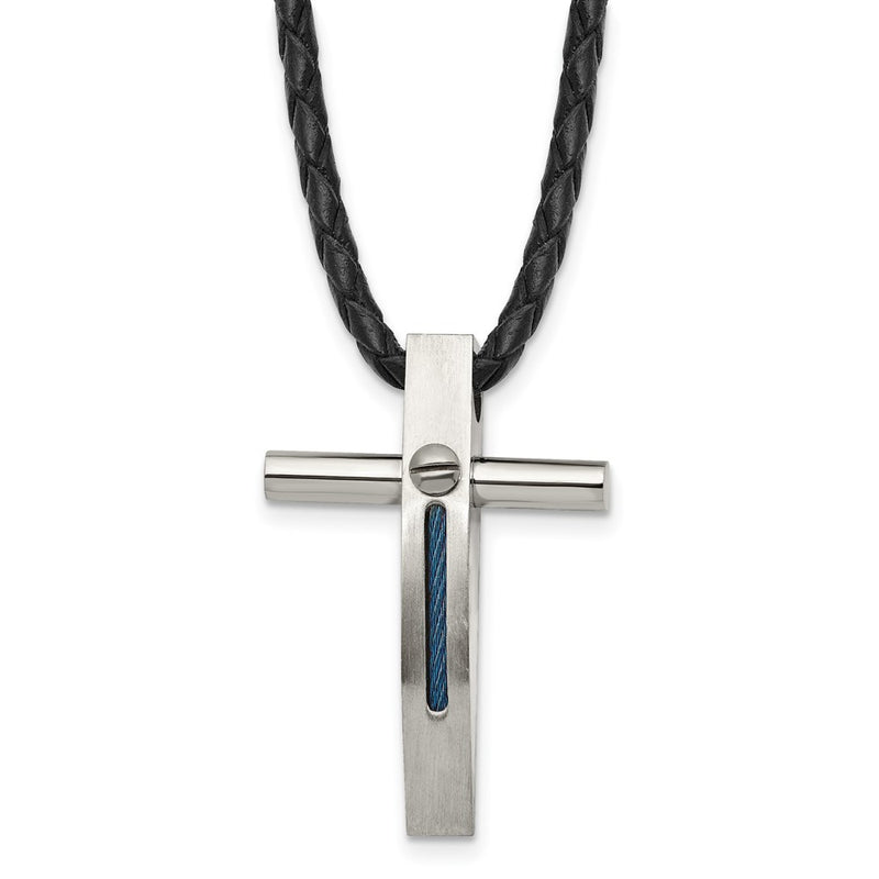 Stainless Steel Chisel Brushed And Polished Blue Ip-Plated Cable Cross Pendant On An 18 Inch Leather Cord Necklace