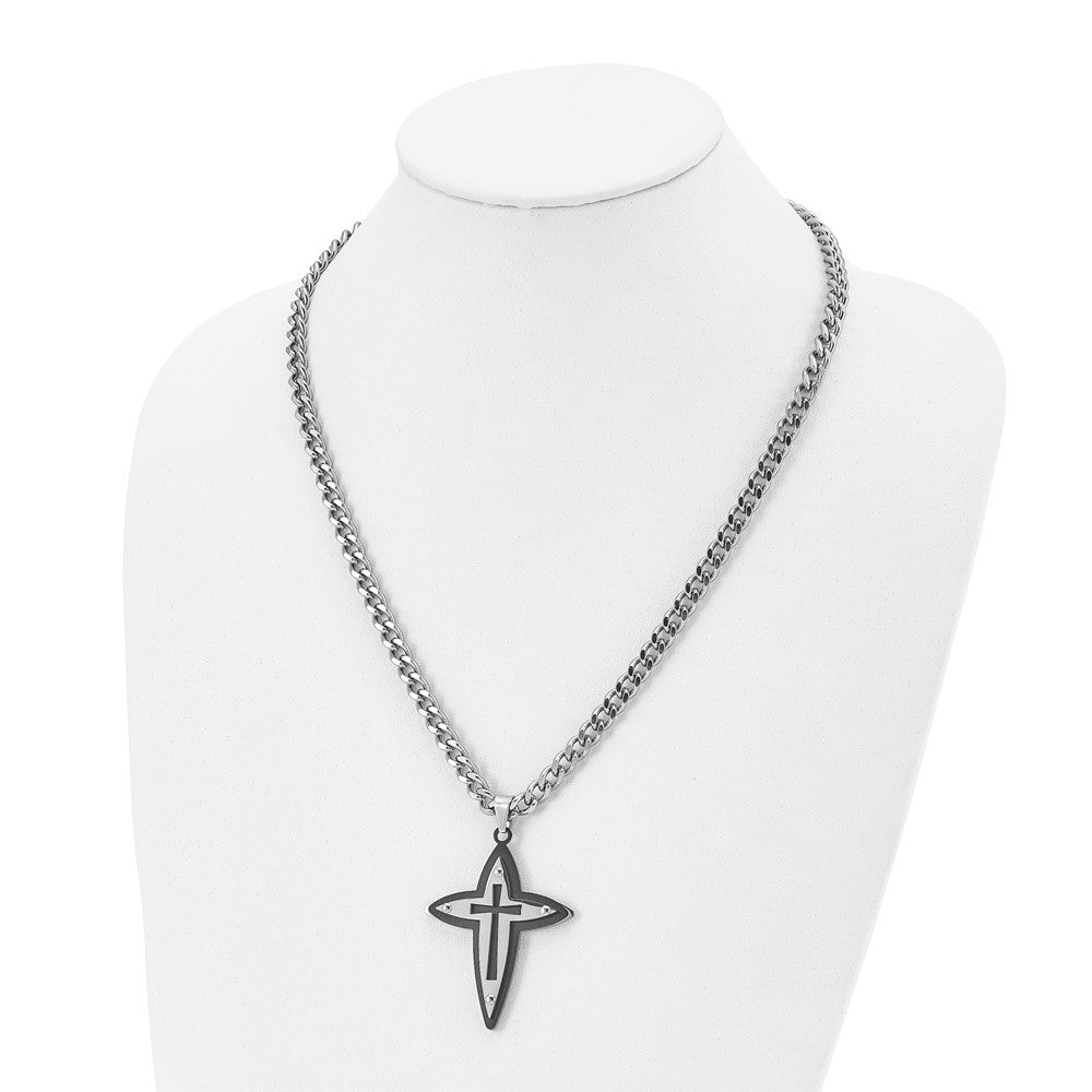 Stainless Steel Chisel Polished Black Ip-Plated Cross Pendant On A 22 Inch Curb Chain Necklace