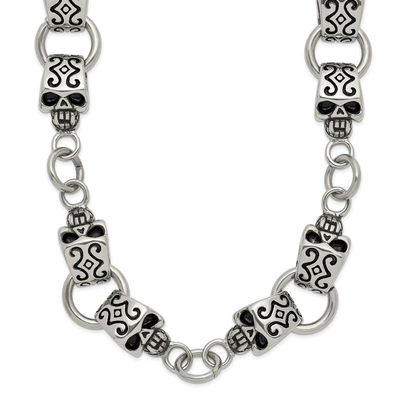 Stainless Steel Chisel Antiqued And Polished Skull 24 Inch Necklace