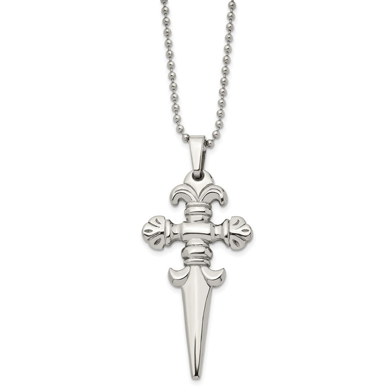 Stainless Steel Chisel Polished Dagger Pendant On A 24 Inch Ball Chain Necklace