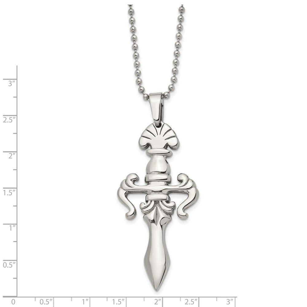 Stainless Steel Chisel Polished Dagger Pendant On A 24 Inch Ball Chain Necklace