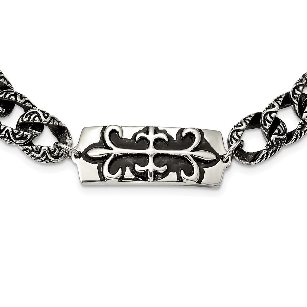 Stainless Steel Antiqued And Polished Fleur De Lis 24In Necklace