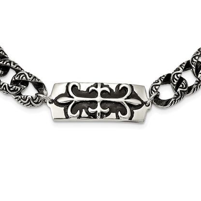 Stainless Steel Antiqued And Polished Fleur De Lis 24In Necklace