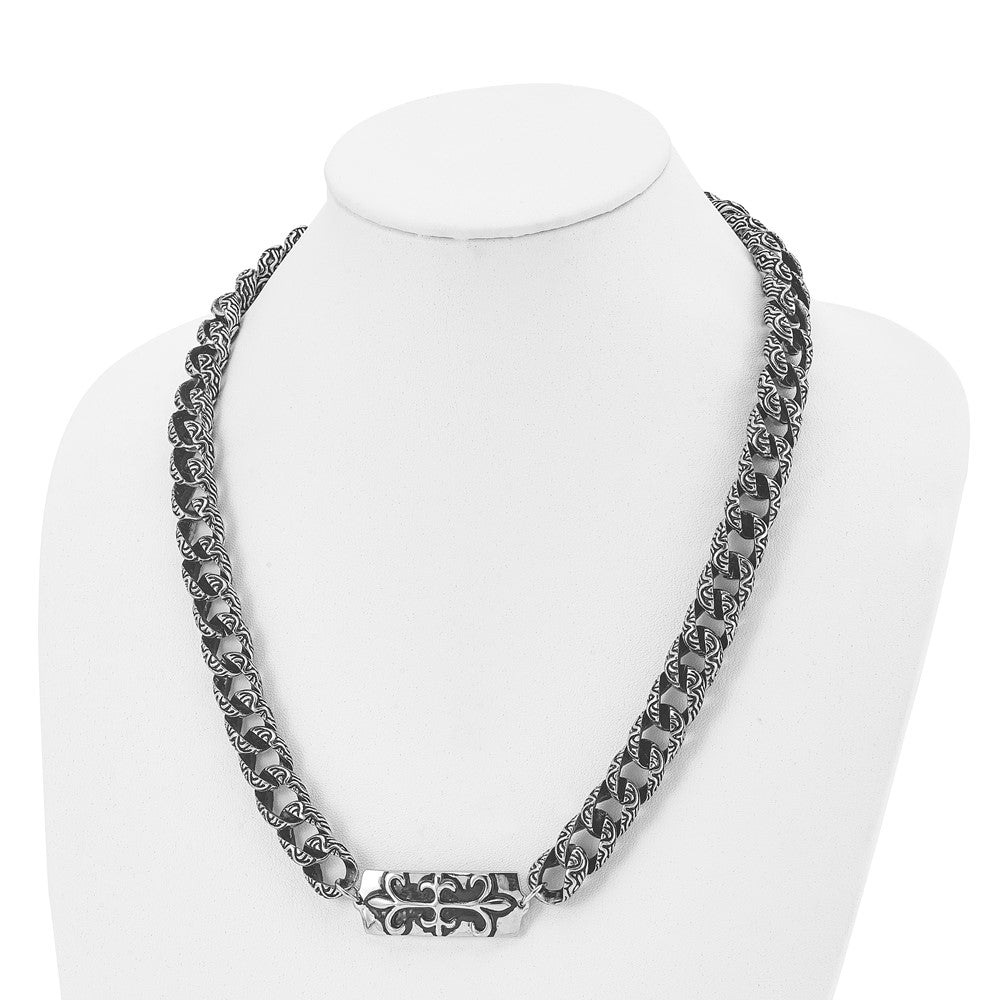 Stainless Steel Antiqued And Polished Fleur De Lis 24In Necklace