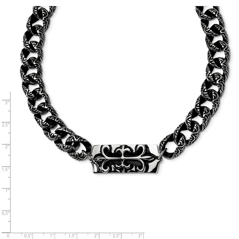 Stainless Steel Antiqued And Polished Fleur De Lis 24In Necklace